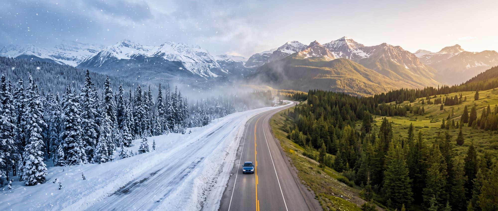Aerial view of a blue sedan on a Rocky Mountain highway as sunlit green summer gives way to snow-covered forest and road