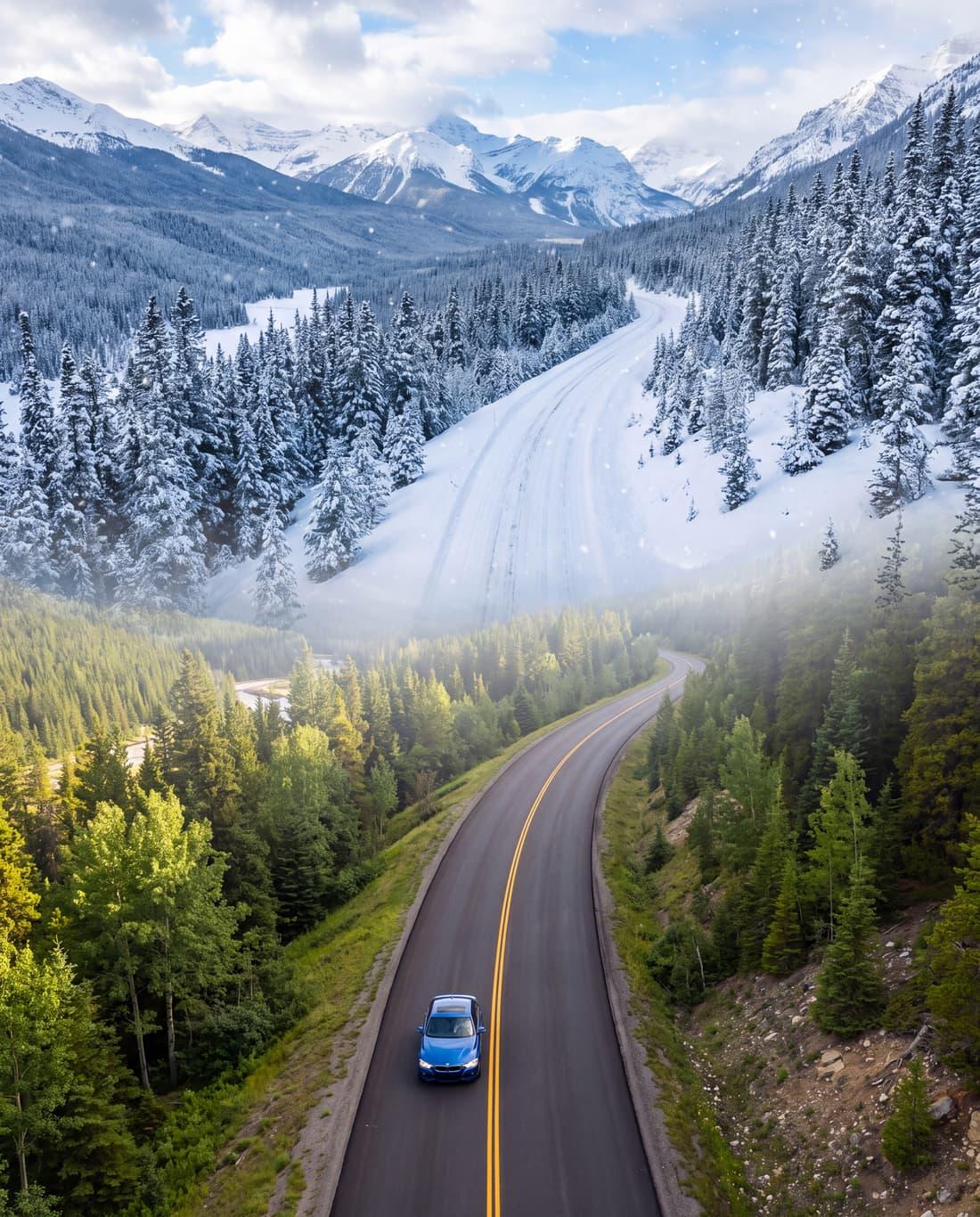 Aerial view of a blue sedan on a green summer mountain highway, the road ahead climbing into deep snow