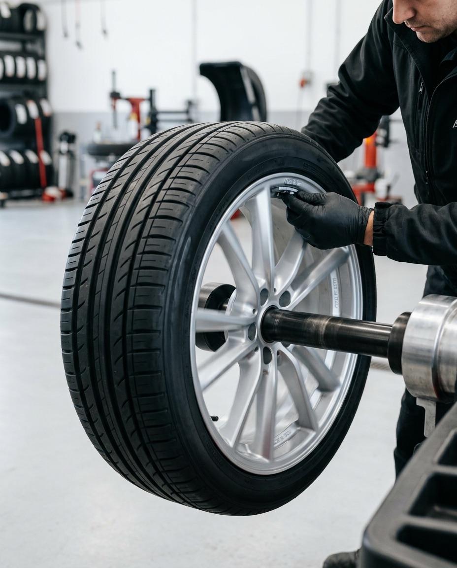 A wheel mounted on a balancing machine while a technician fits a balance weight