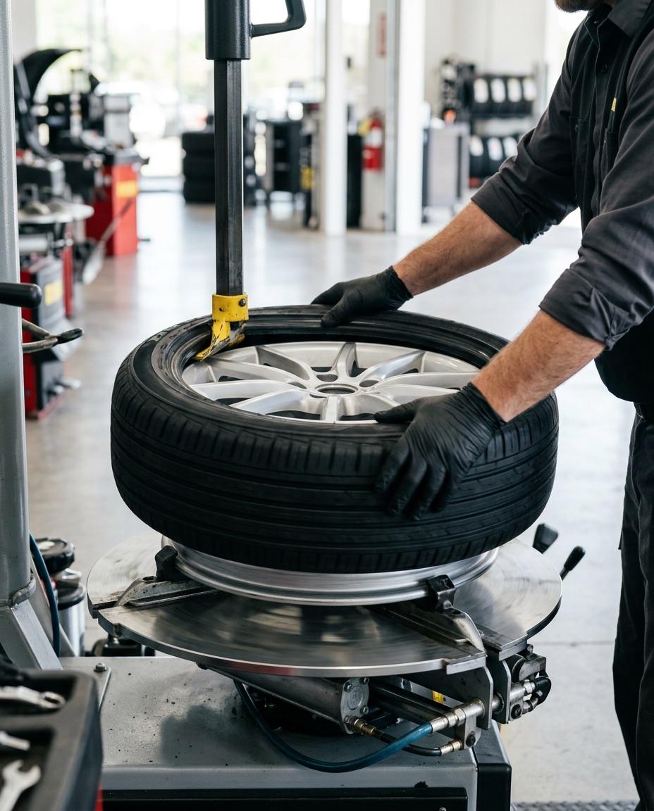 A technician seating a new tire onto an alloy wheel on a tire mounting machine