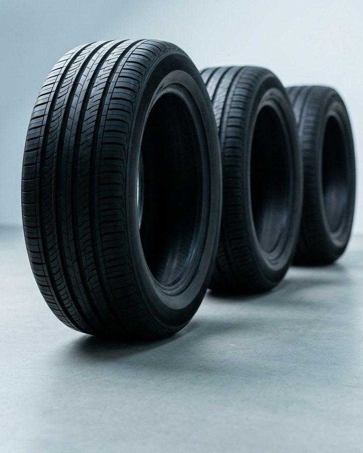 Three new passenger car tires standing in a row in a bright showroom