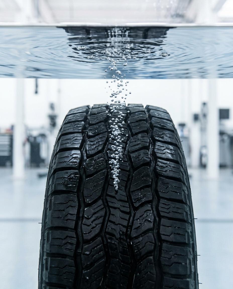 A tire submerged in a water bath with air bubbles rising from a puncture