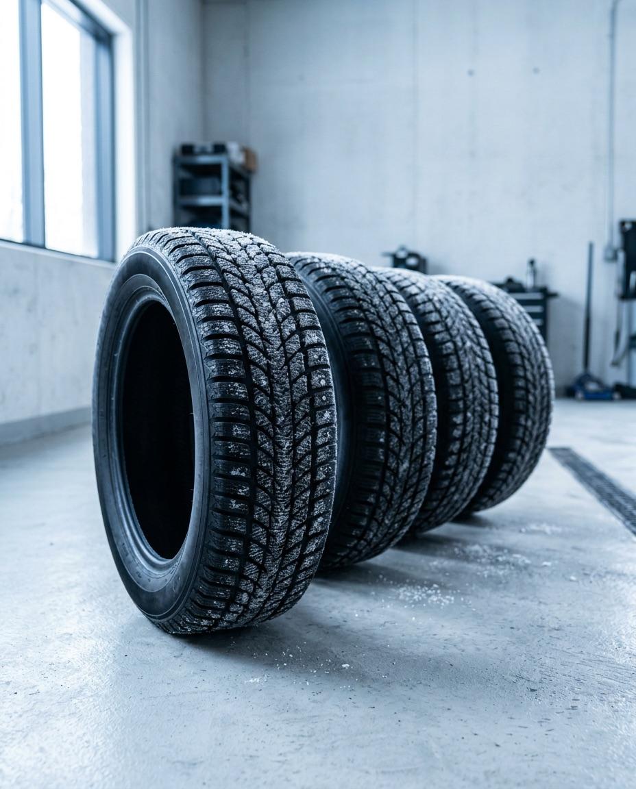 A set of four winter tires with snow dusting the tread in a workshop bay