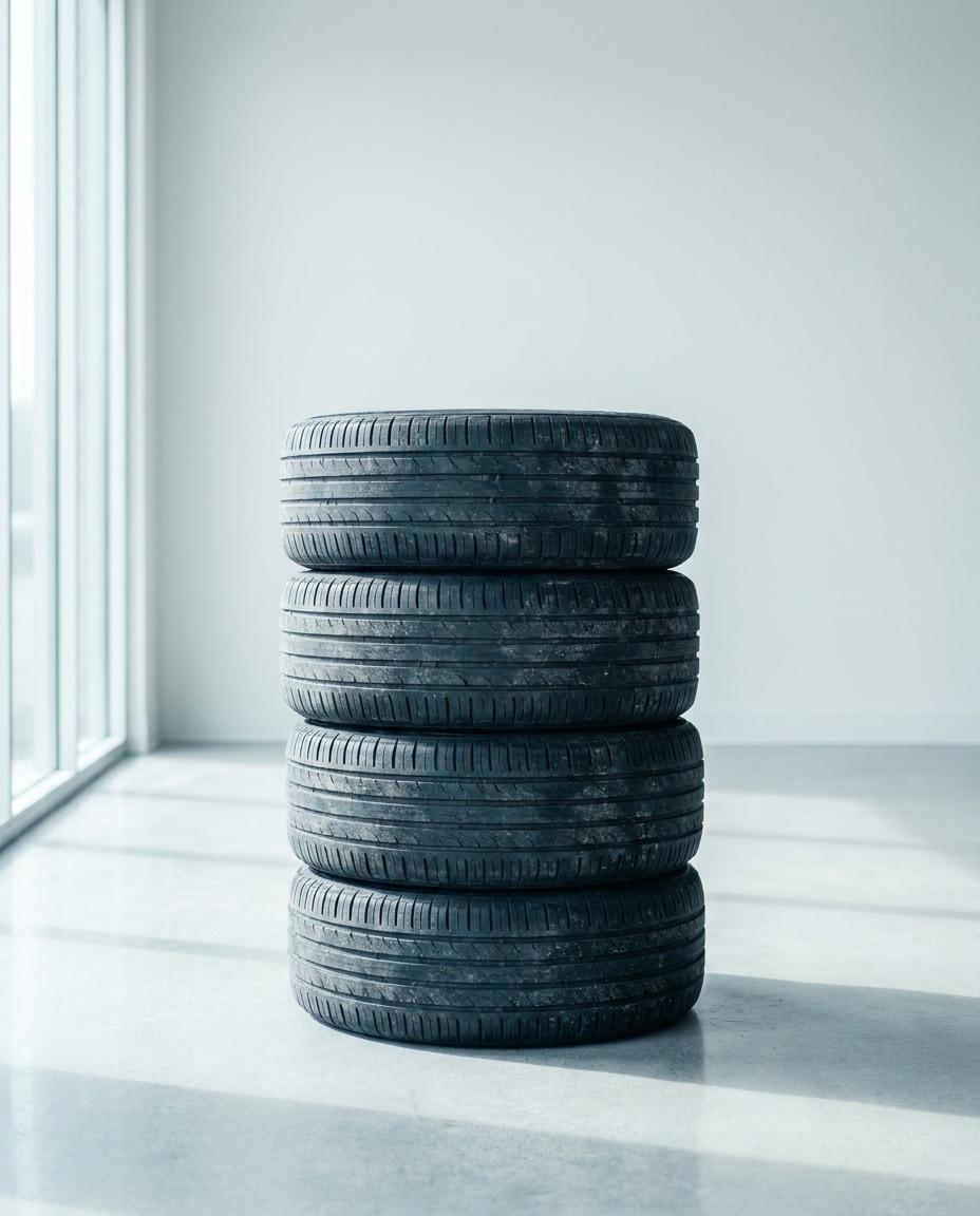 A stack of inspected used tires on a clean workshop floor